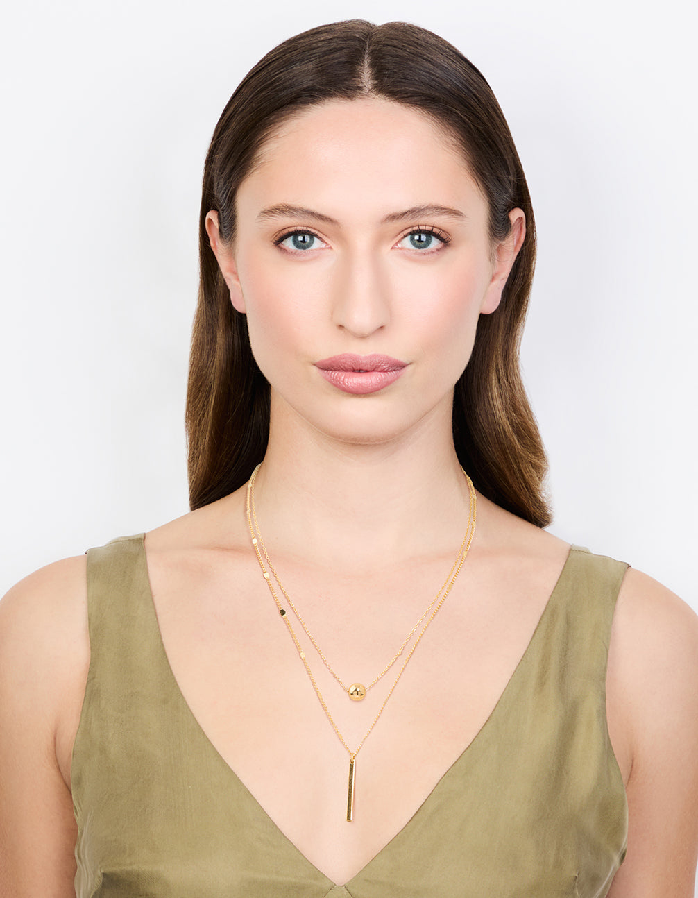 Gold Bar & Ball Double Chain Short Layered Necklace