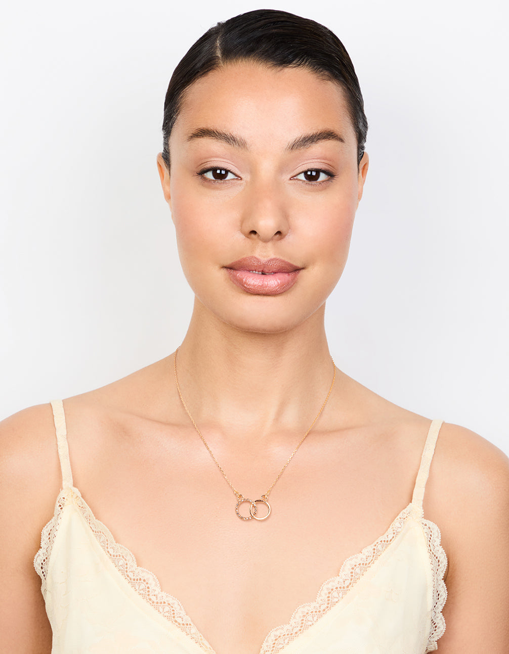 Gold Diamante Double Circle Link Pendant Necklace