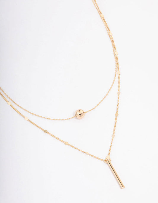 Gold Bar & Ball Double Chain Short Layered Necklace