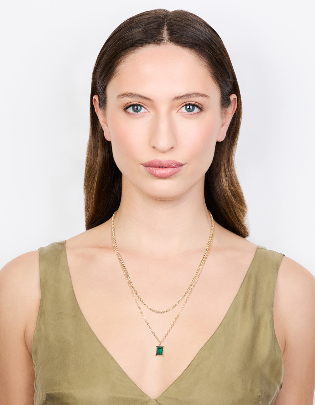 Gold & Green Diamante Layered Chain Necklace