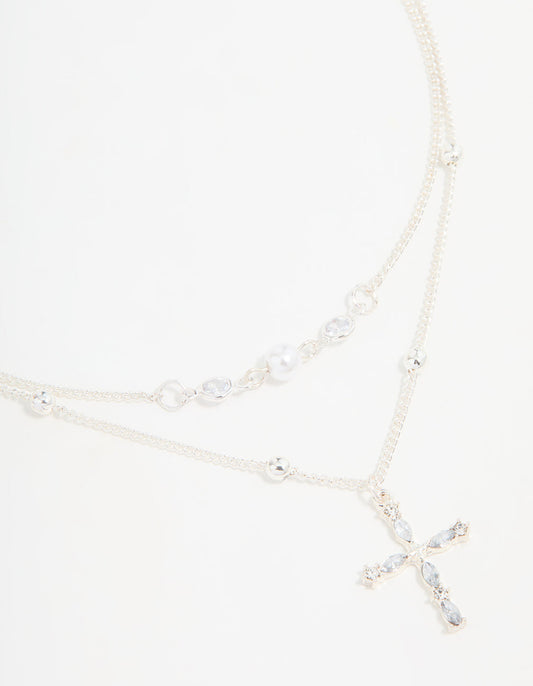 Silver Beaded Diamante Cross Layered Necklace