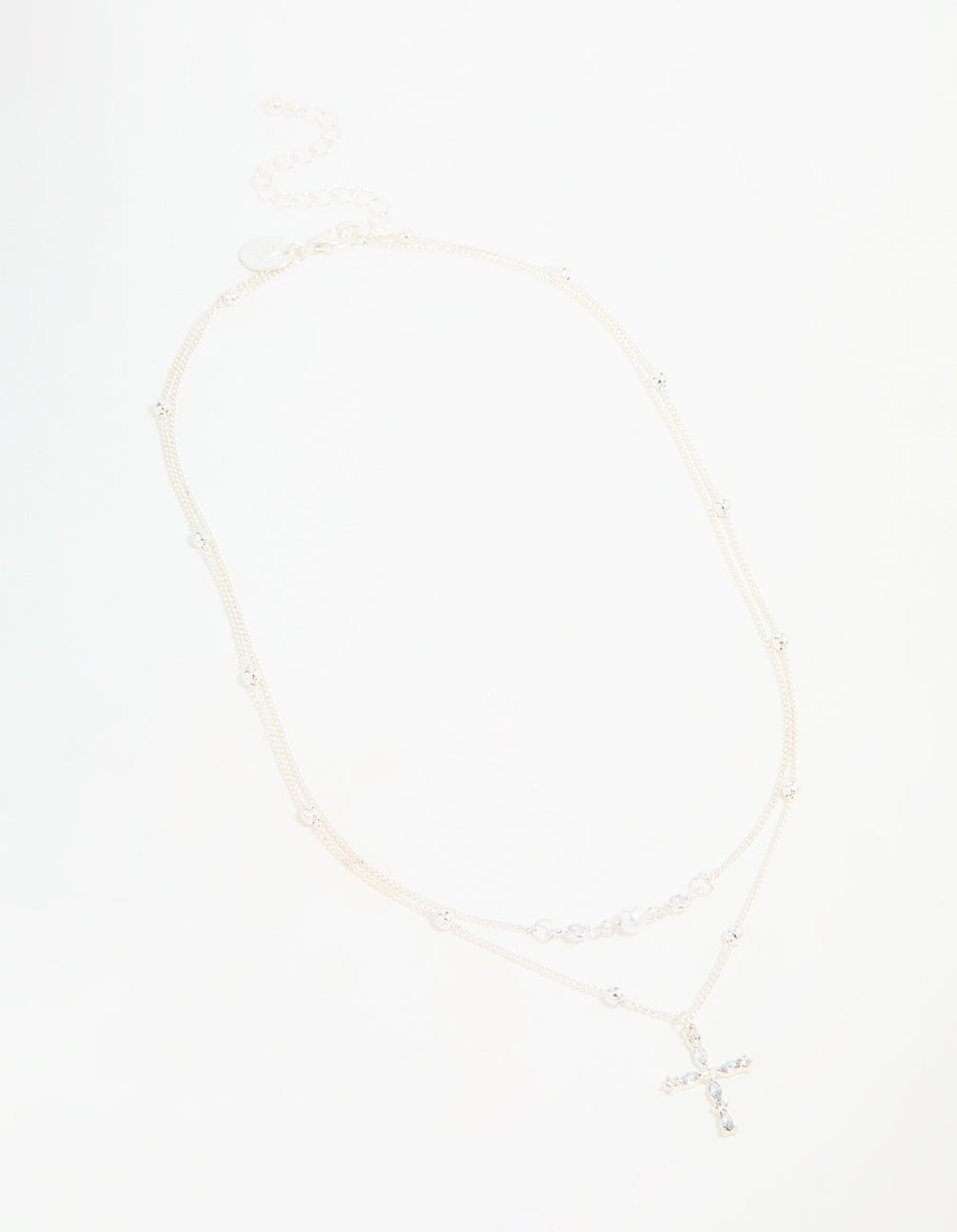 Silver Beaded Diamante Cross Layered Necklace