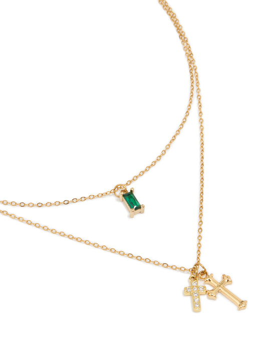 Waterproof Gold Plated Stainless Steel Green Cubic Zirconia & Cross Layered Necklace