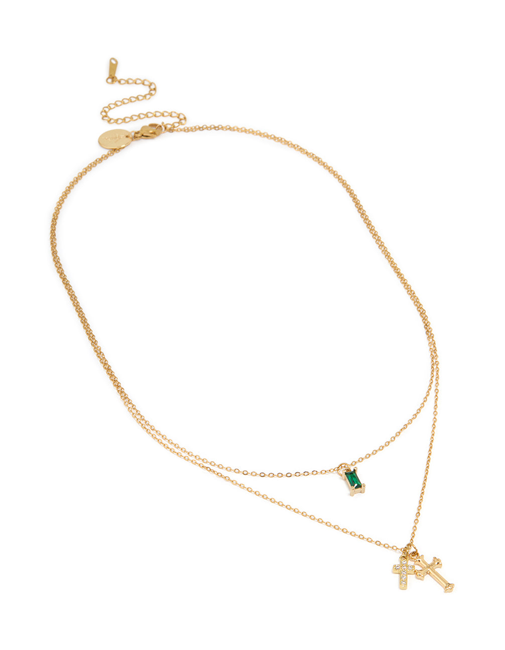 Waterproof Gold Plated Stainless Steel Green Cubic Zirconia & Cross Layered Necklace